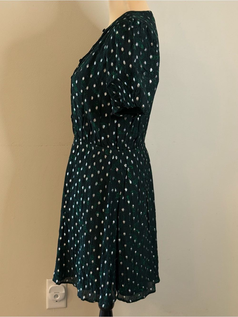 Loft fit & flare dress forest green & floral metallic pattern SZ M - Picture 3 of 14